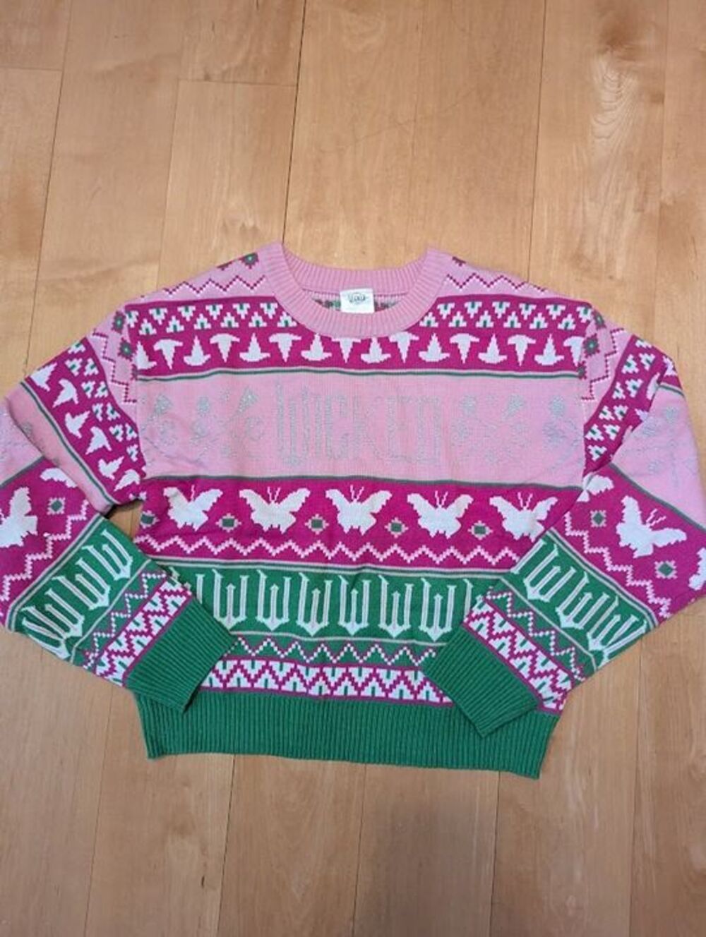 NWT Wicked Sweater Musical Fairisle Pink Green Butterflies Witch Girls 14/16 XL